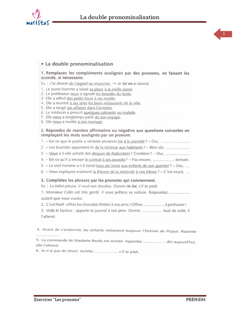 Exercices de double pronominalisation | PDF | Pronom