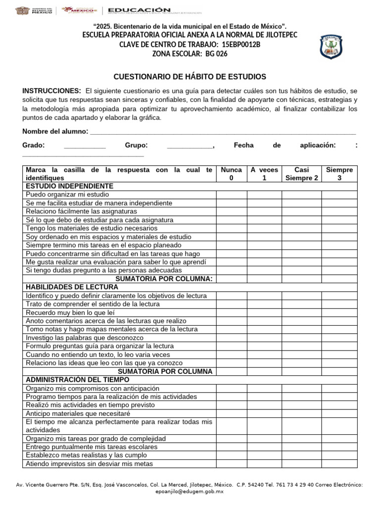 Cuestionario de Hábitos de Estudio | PDF