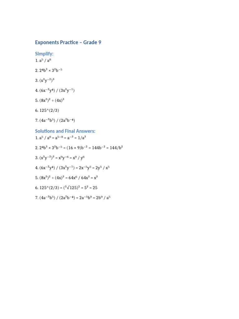 Grade 9 Exponents Practice Problems | PDF