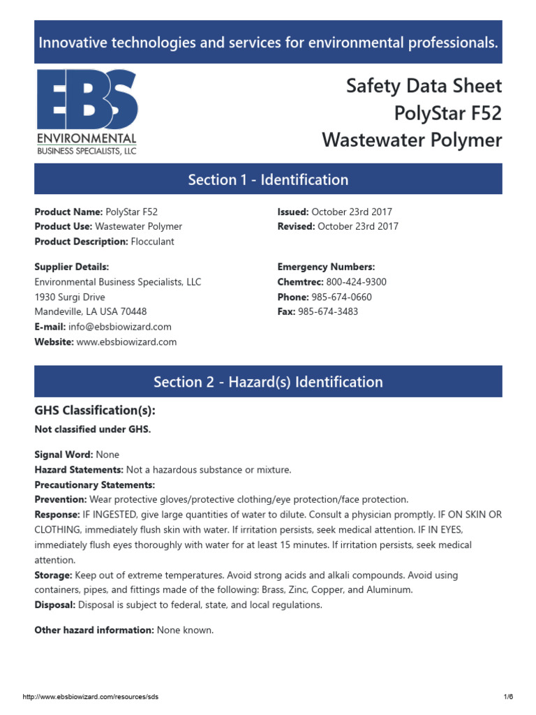 PolyStar F52 Safety Data Sheet | PDF | Water | Personal Protective ...