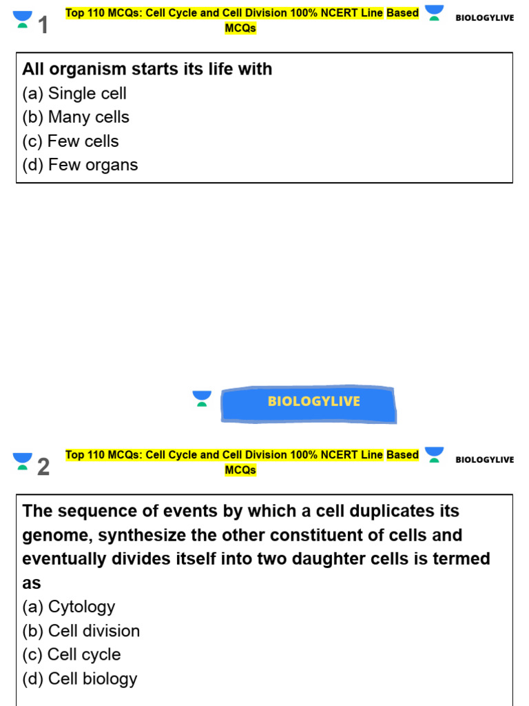 Top 110 MCQs on Cell Cycle & Division | PDF | Mitosis | Meiosis