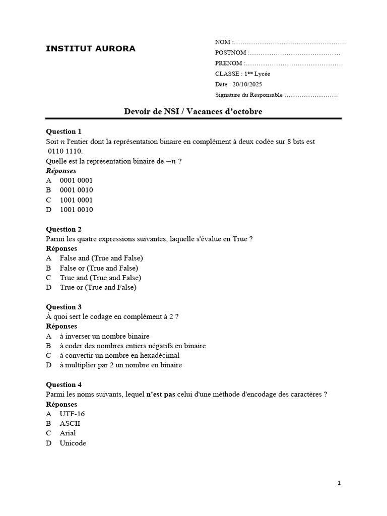 Devoir NSI : Questions et Réponses | PDF | Architecture (Informatique ...