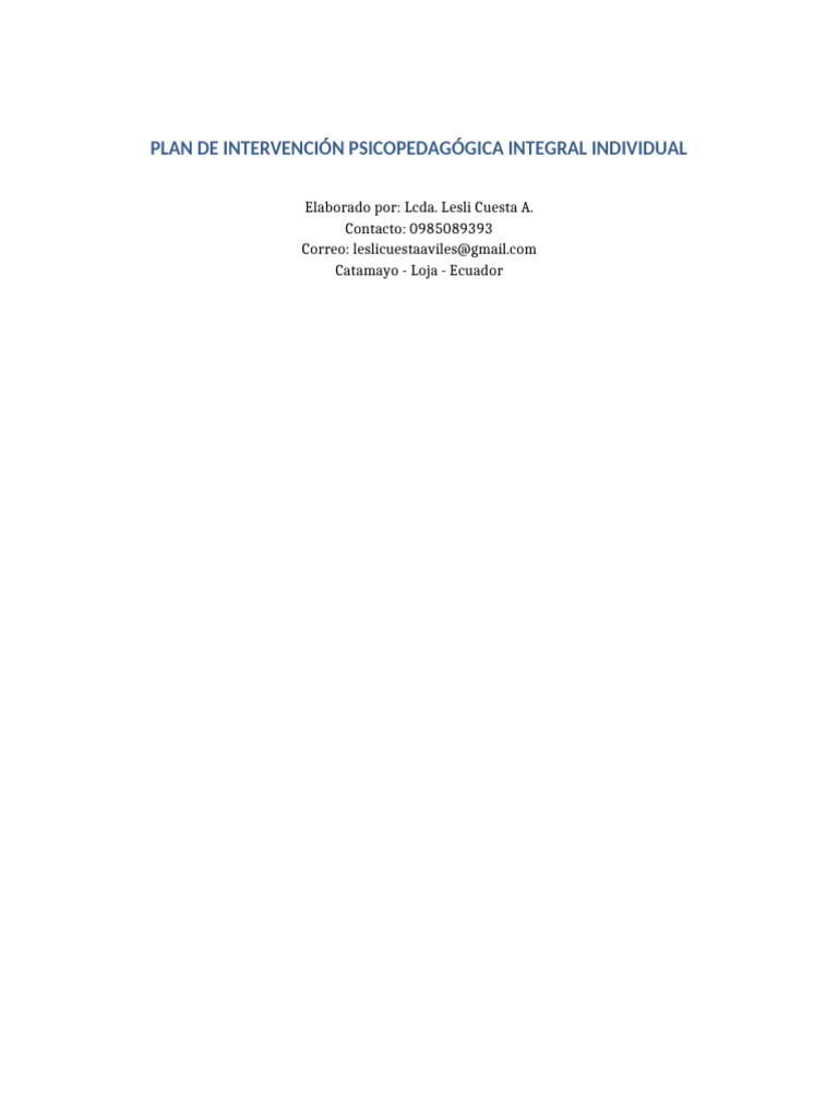 Plan Intervencion Psicopedagogica LesliCuesta Completo | PDF ...