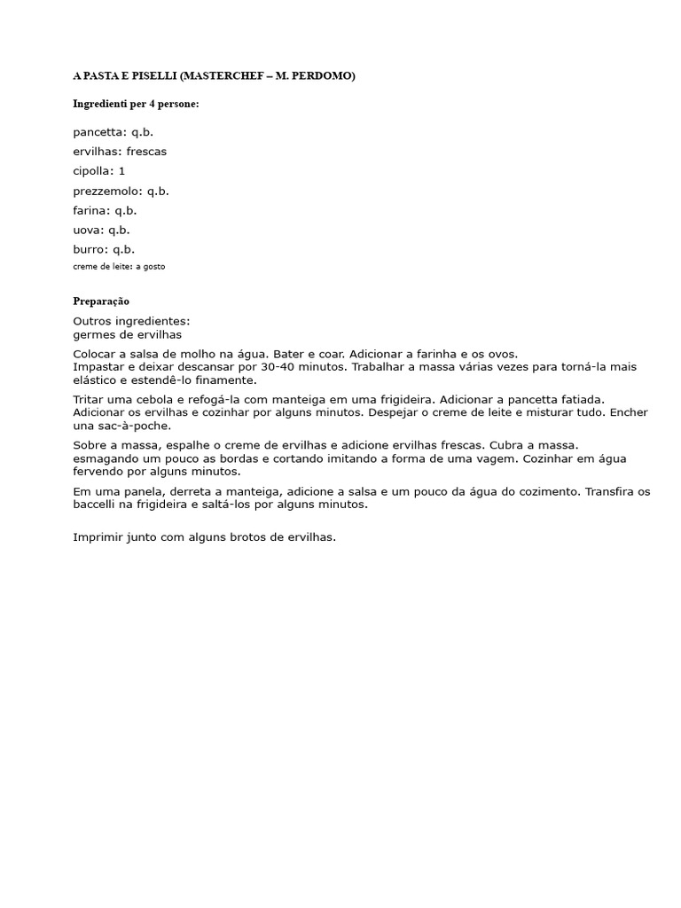 Receitas de Massas e Risotos do MasterChef | PDF | Creme (gastronomia ...