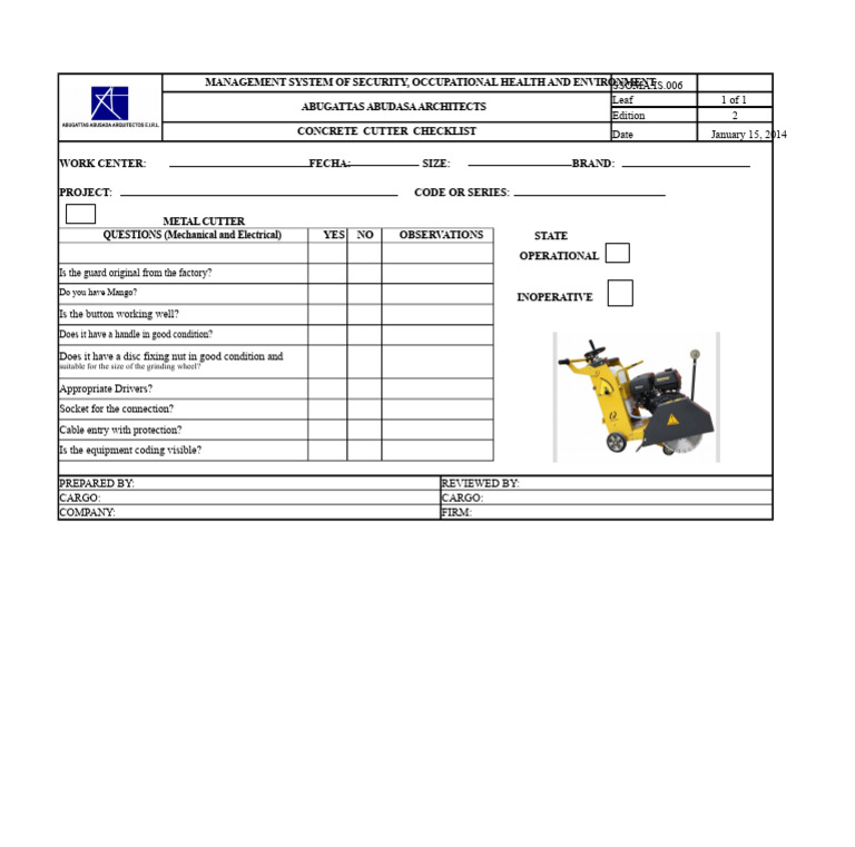 Asphalt Cutter Safety Checklist | PDF