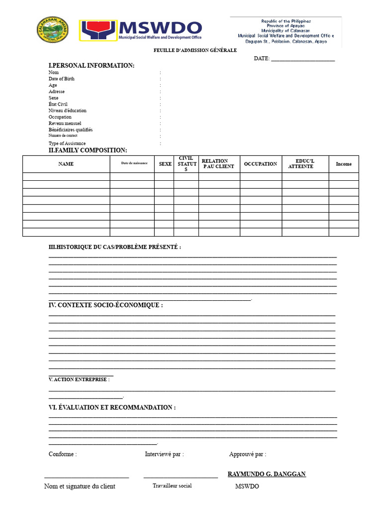 Feuille d'Admission Générale MSWDO | PDF