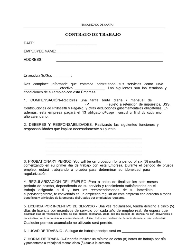 Contrato de Trabajo y Condiciones Laborales | PDF