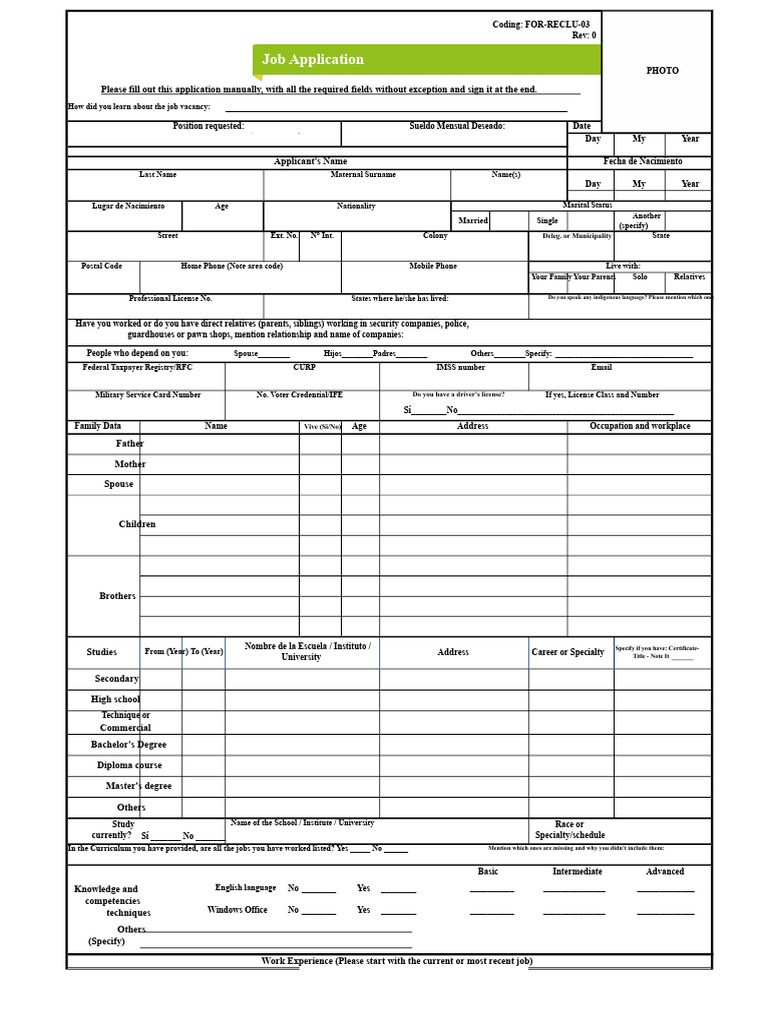 FOR-RECLU-03 Job Application R0 FRD | PDF