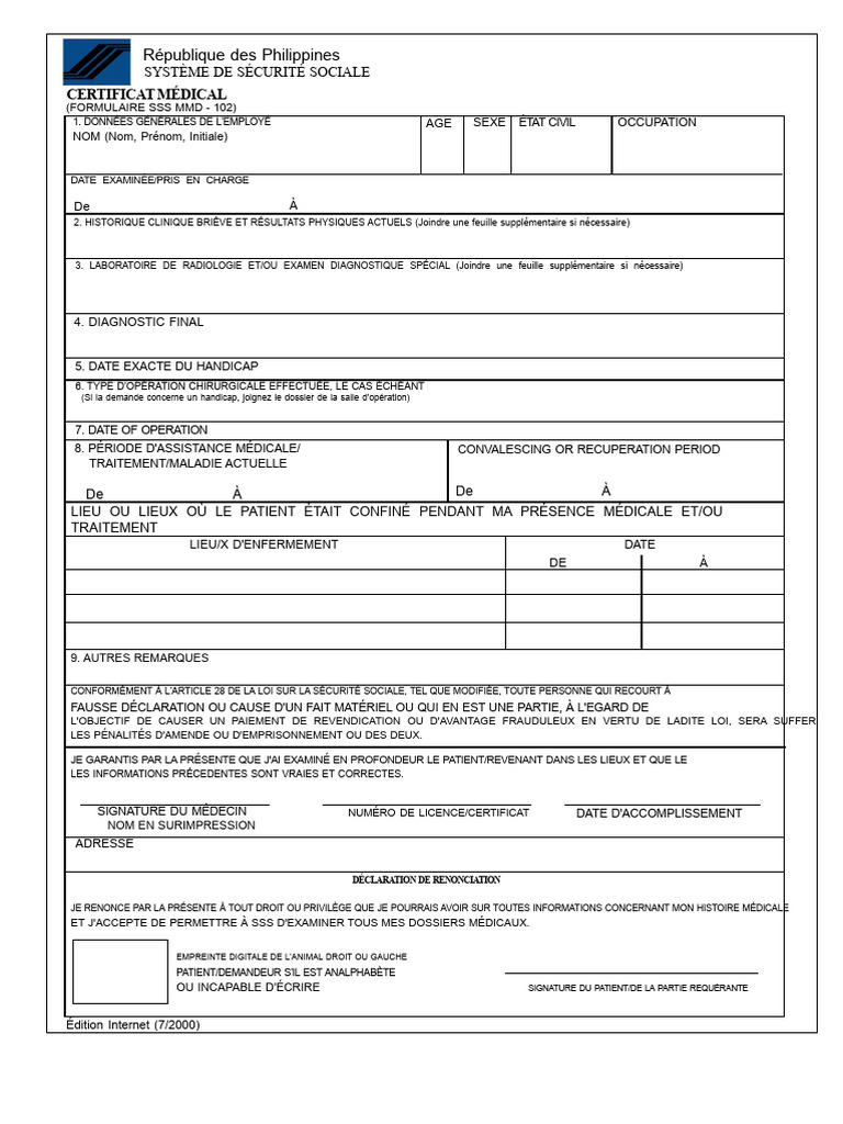 Certificat médical SSS MMD-102 Philippines | PDF | Soins de santé ...