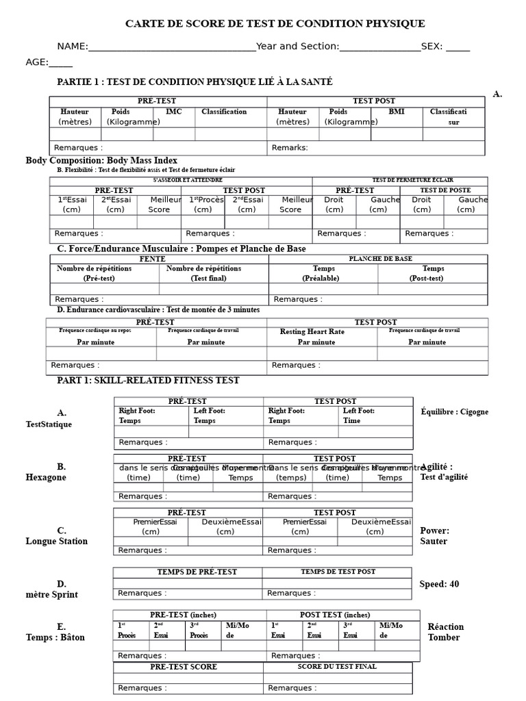 Carte de Score Test Condition Physique | PDF