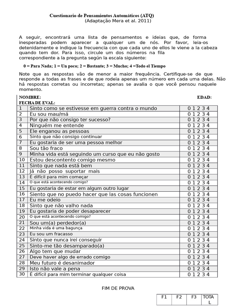 Questionário de Pensamentos Automáticos Atq Mex | PDF | Pensamento