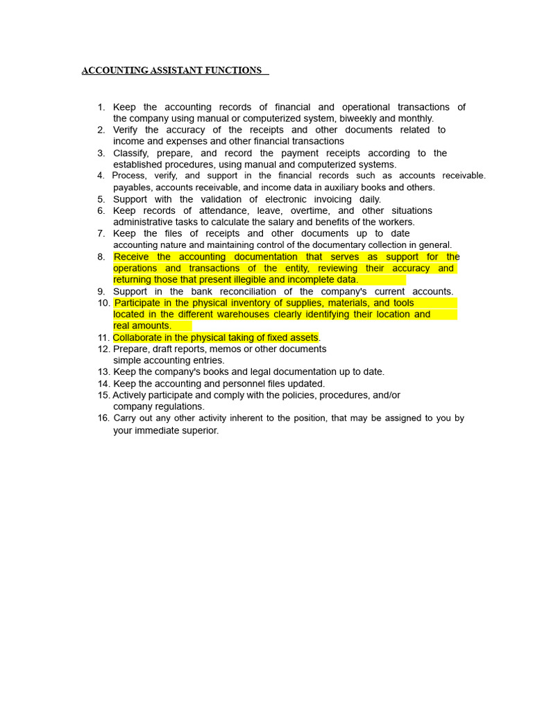 Functions of Accounting Assistant | PDF