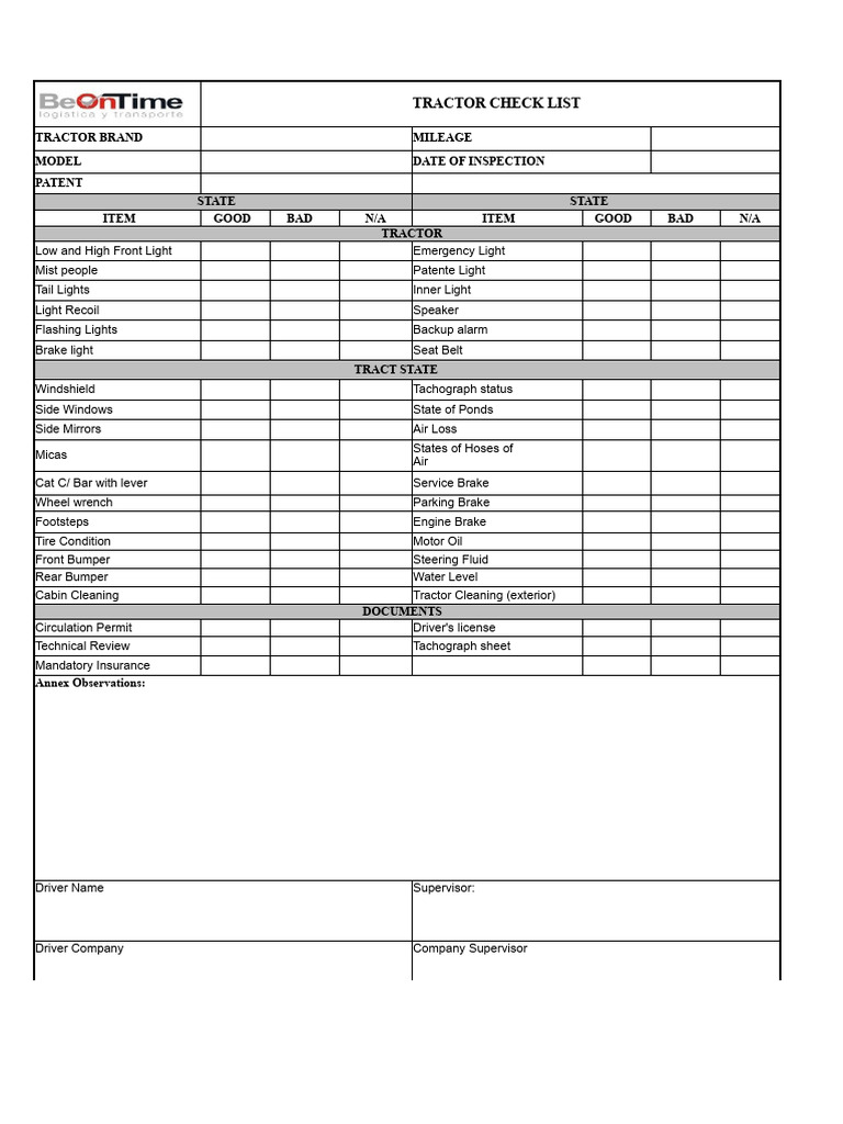 Tractor and Ramp Inspection Checklist | PDF | Semi Trailer Truck | Tractor