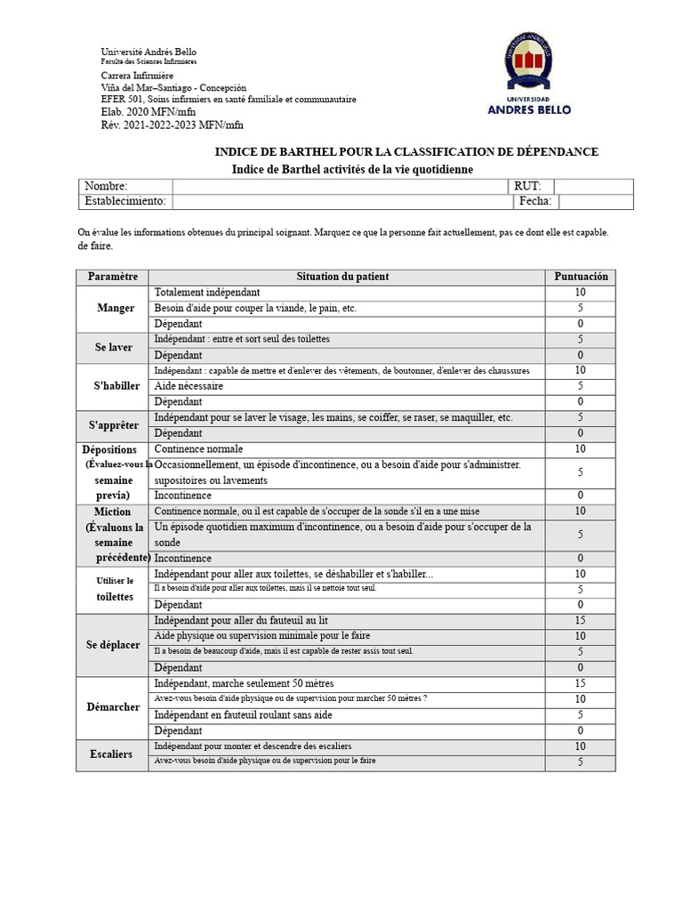 Évaluation de la dépendance : Indice de Barthel | PDF | Spécialités ...