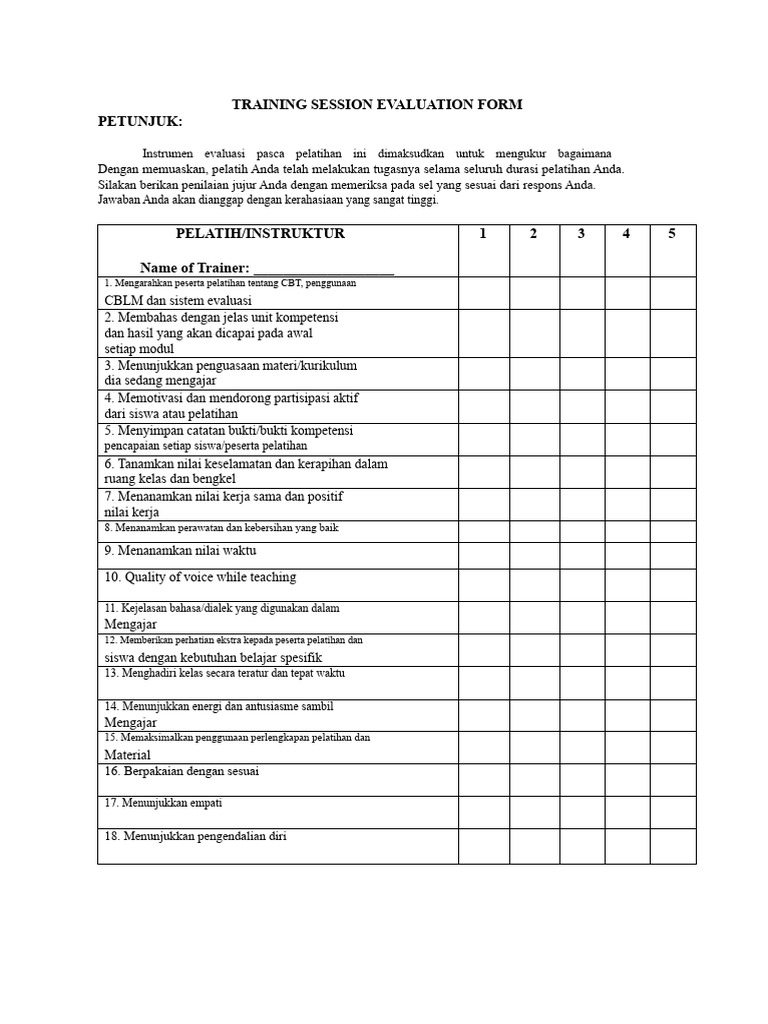 Formulir Evaluasi Sessi Pelatihan | PDF