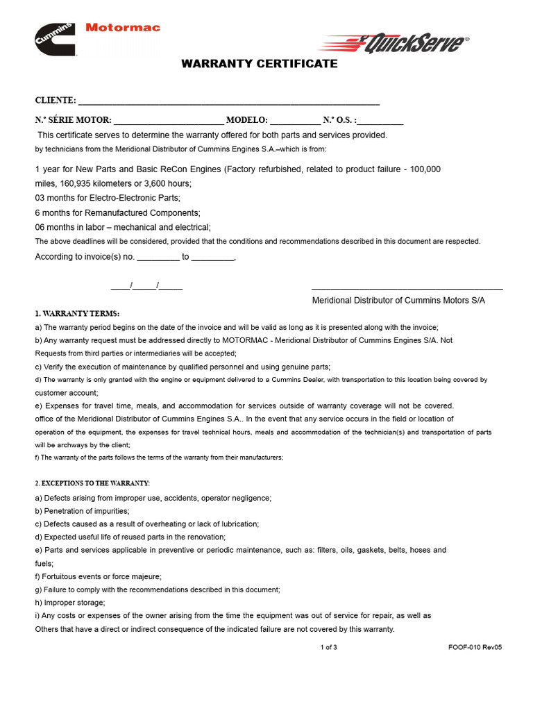 Cummins Engine Warranty Certificate | PDF | Pump | Engines