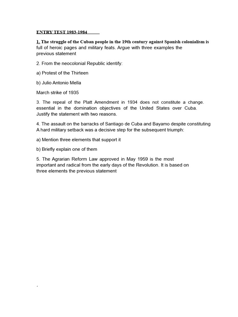 Cuban History Admission Test Questions | PDF | Cuba | Cuban Revolution
