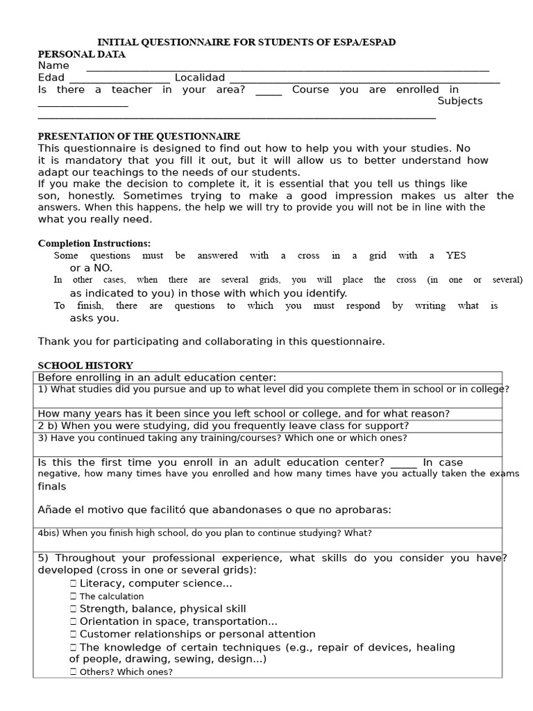 Initial questionnaire | PDF | Adult Education | Questionnaire
