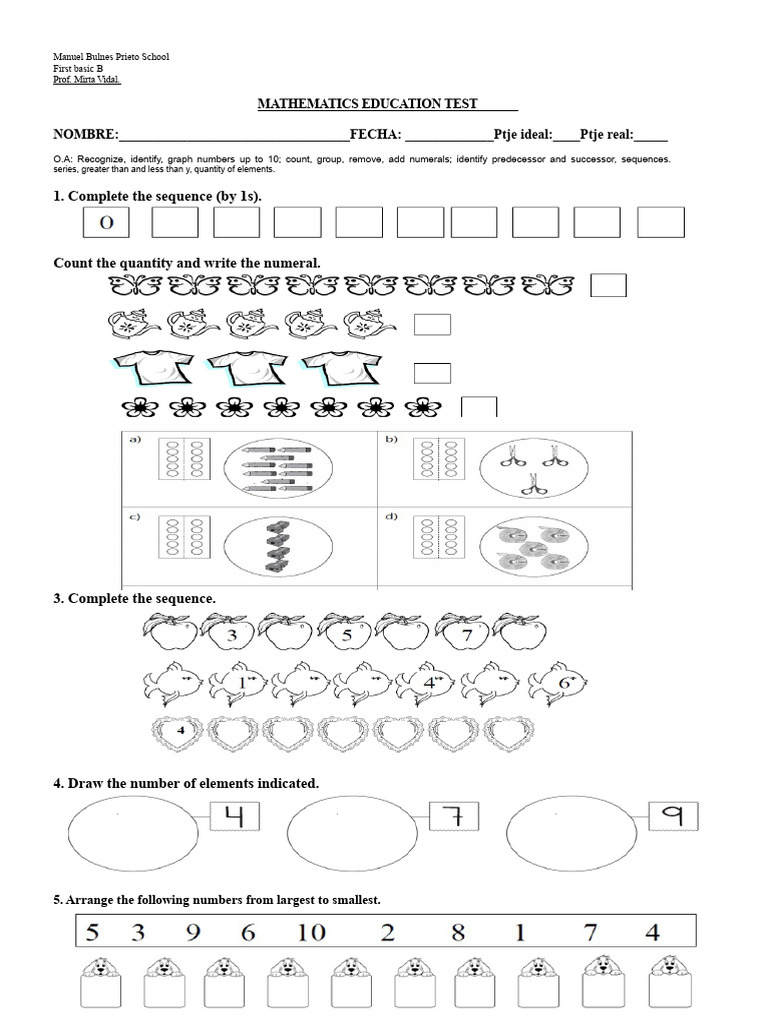 Basic Math Test for First Grade Students | PDF