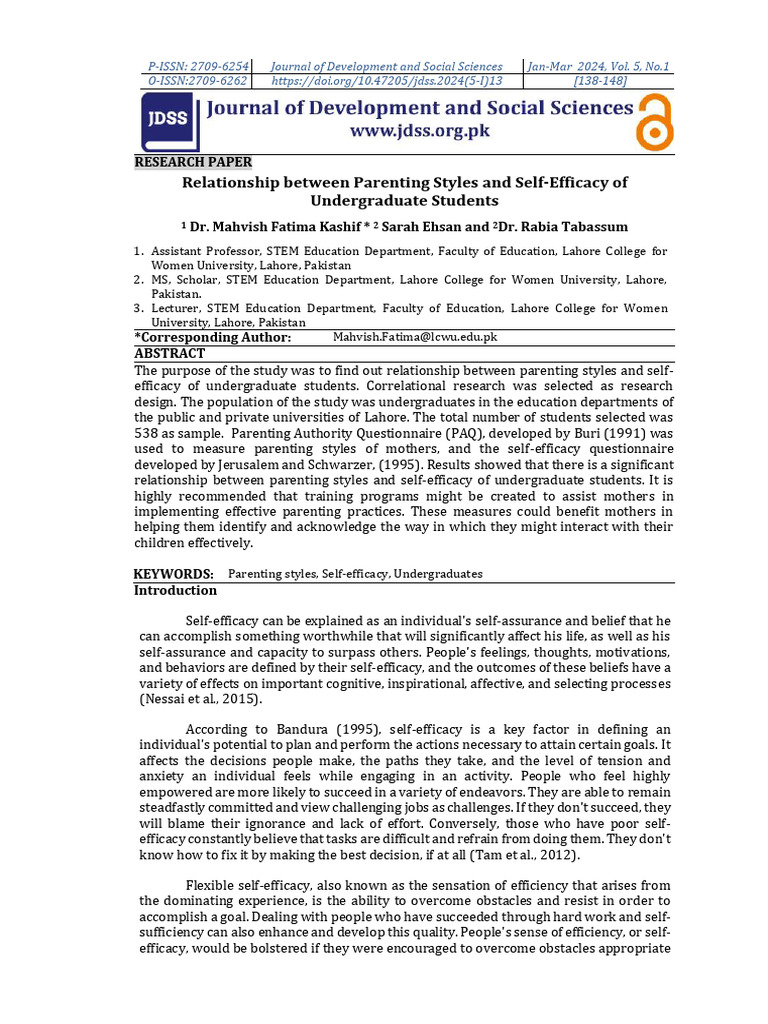 Relationship Between Parenting Styles and Self-Efficacy of ...
