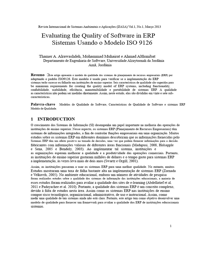 Modelo ISO 9126 para Qualidade em ERP | PDF | Planejamento de recursos ...