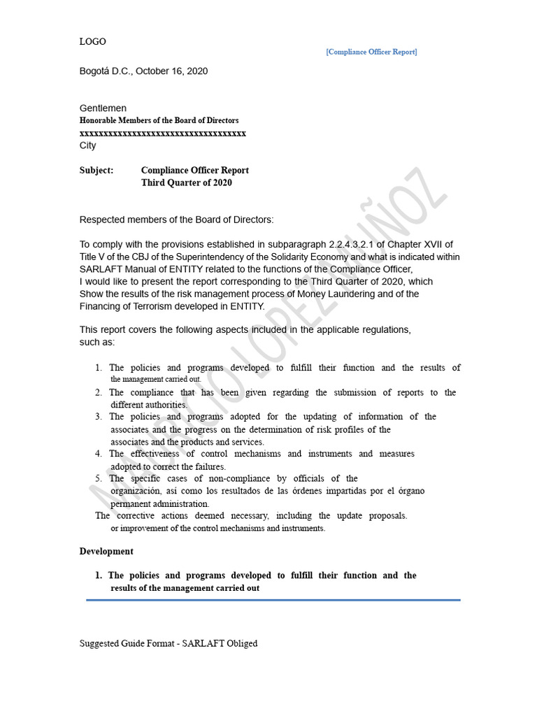 Compliance Officer Report Q3 2020 | PDF | Regulatory Compliance | Risk