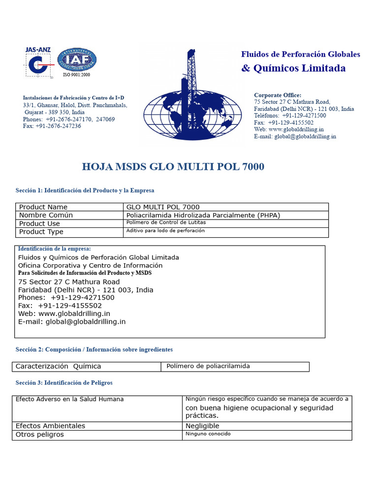 MSDS GLO MULTI POL 7000: Seguridad y Uso | PDF | Agua | Higiene