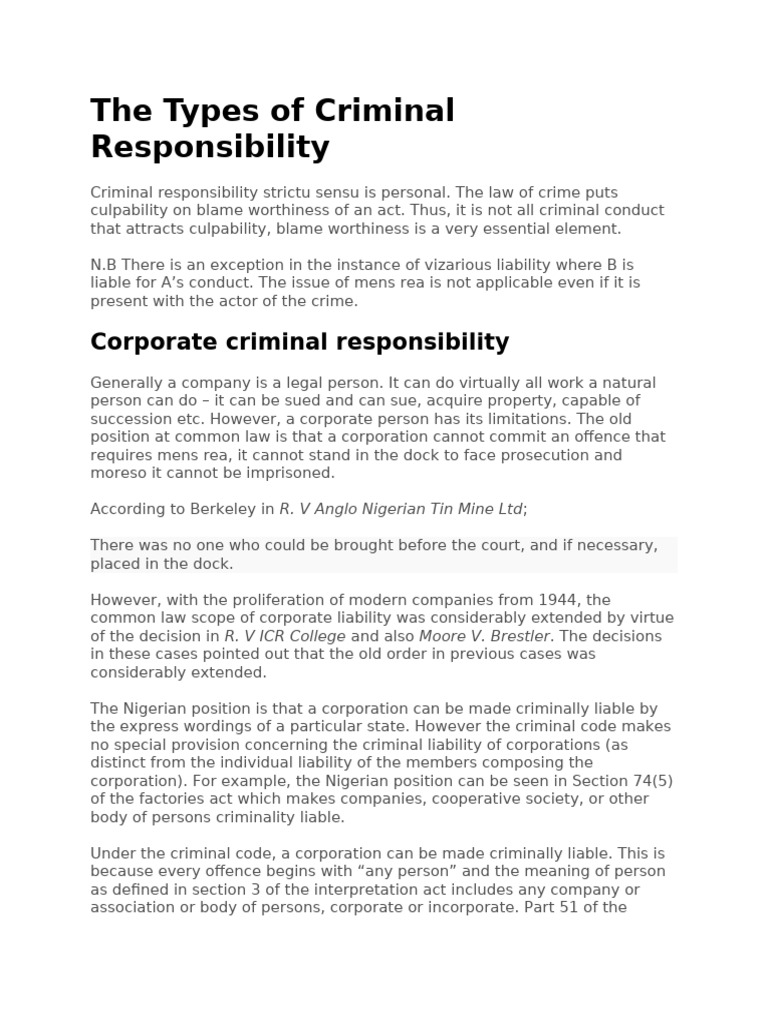 Understanding Criminal Responsibility Types | PDF | Mens Rea | Legal ...