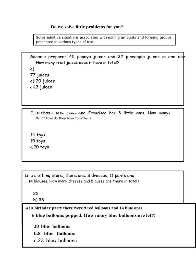 Additive Problem Solving Exercises | PDF