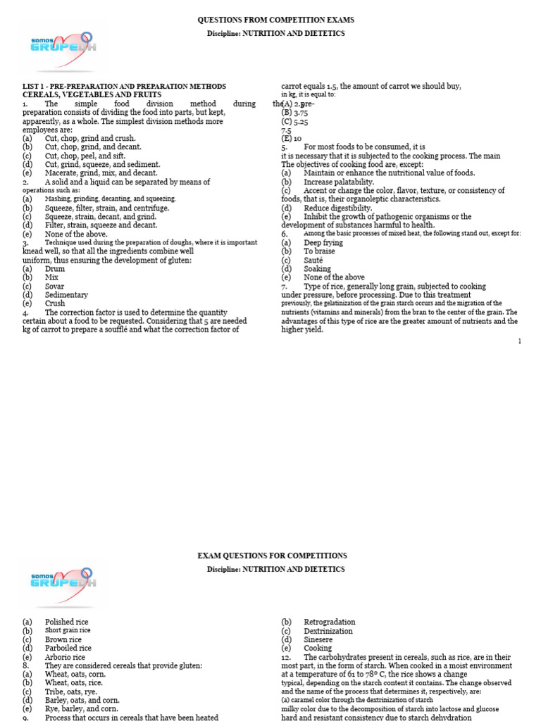 Nutrition and Dietetics Exam Questions | PDF | Starch | Gluten