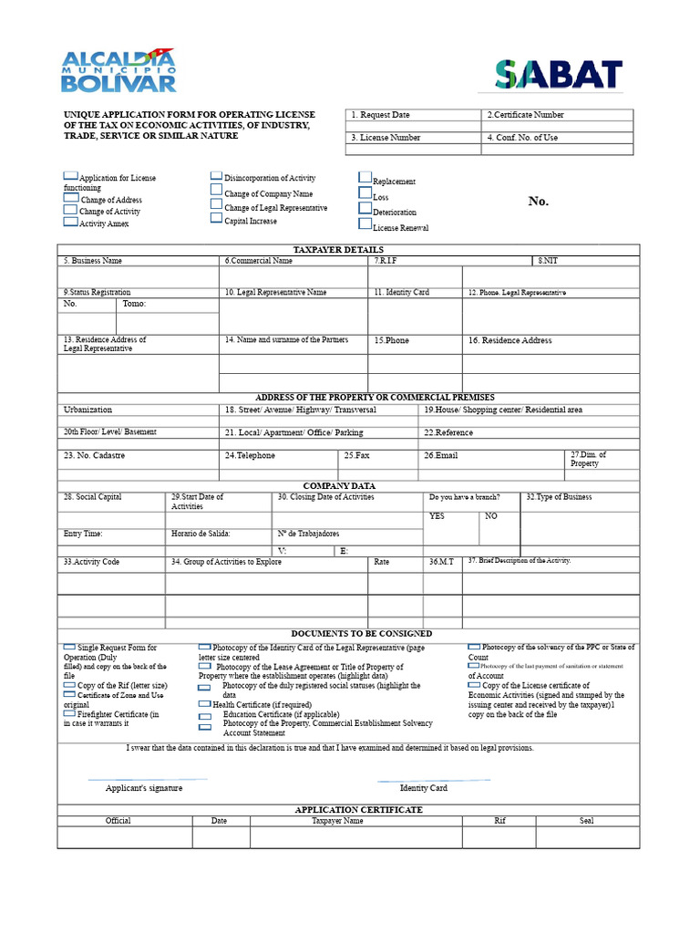 Tax Operating License Application Form | PDF | Identity Document