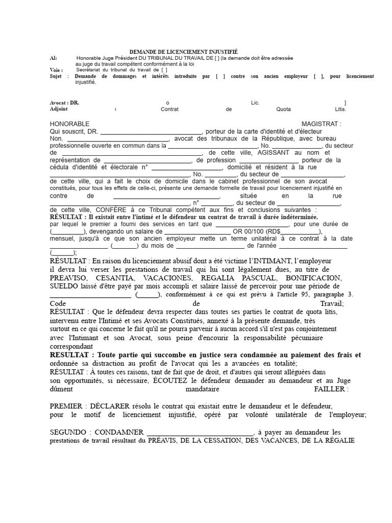 Demande de Travail Pour Licenciement Injustifié | PDF | Justice | Crime ...