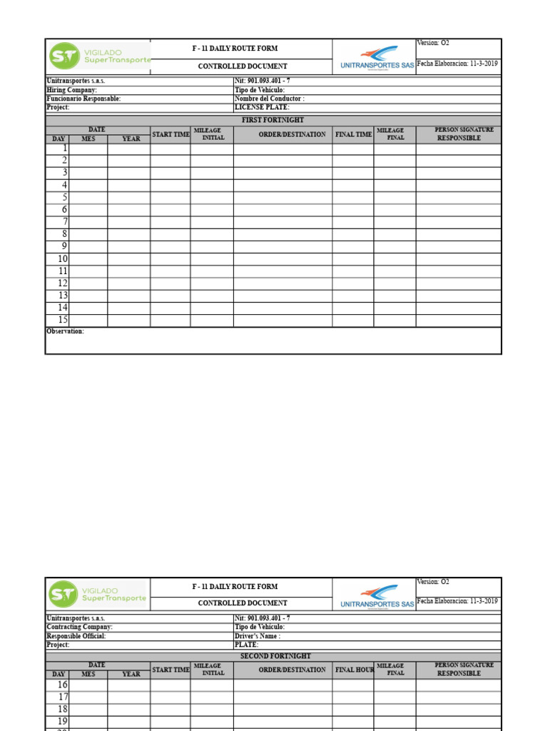 Daily Route Form Template O2 | PDF