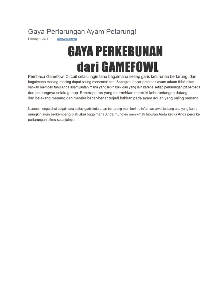 Gaya Pertarungan Ayam Petarung Terbaik PDF