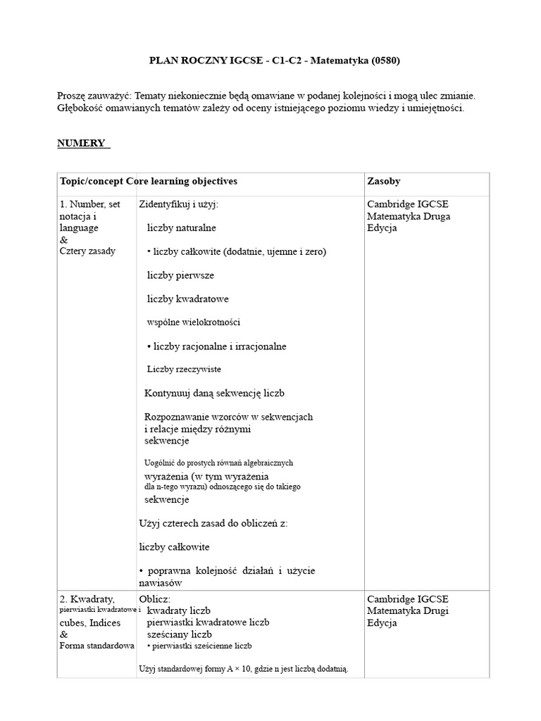 PLAN ROKU IGCSE - C1-C2 - Matematyka (0580) Proszę Zauważyć ... | PDF