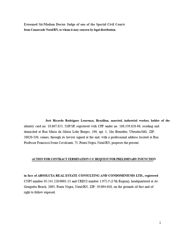 Action for Contract Termination and Injunction | PDF | Lease | Indemnity