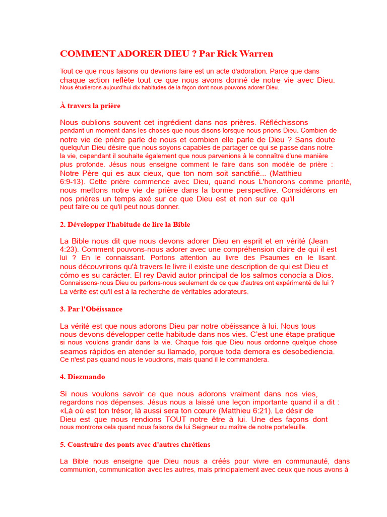 Dix habitudes pour adorer Dieu | PDF | Dieu | Prière
