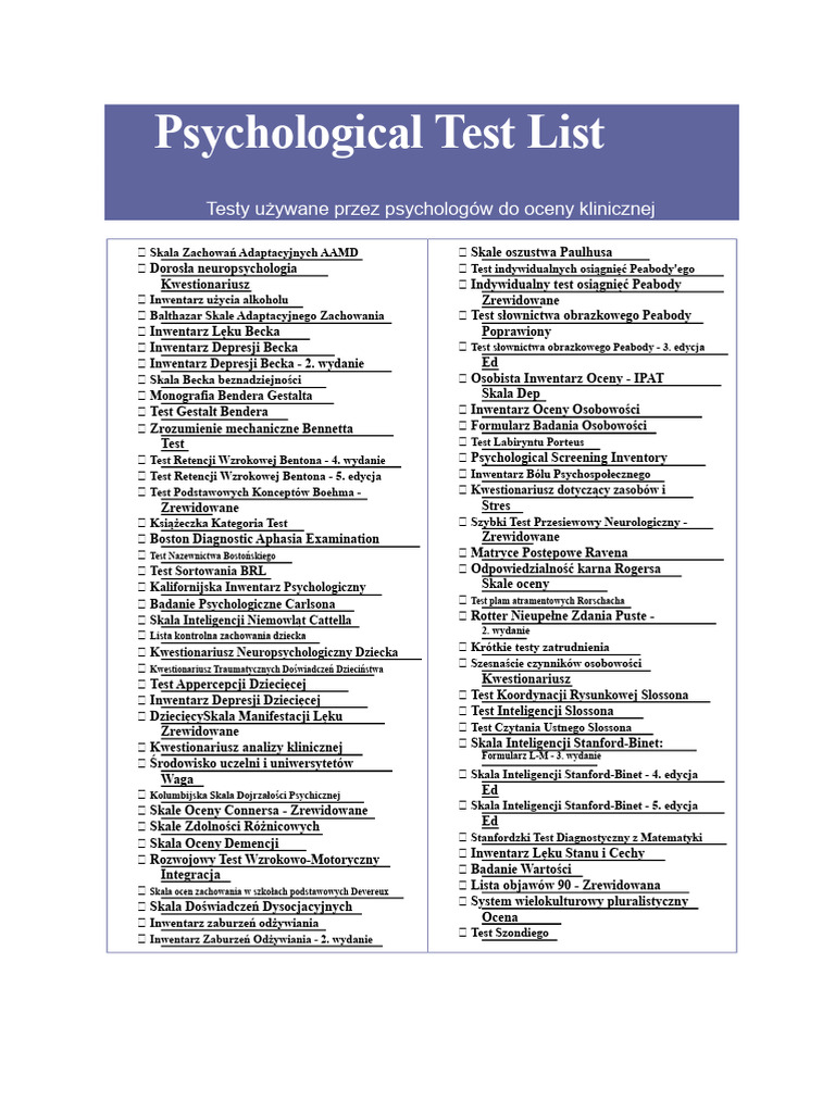 Lista Testów Psychologicznych | PDF