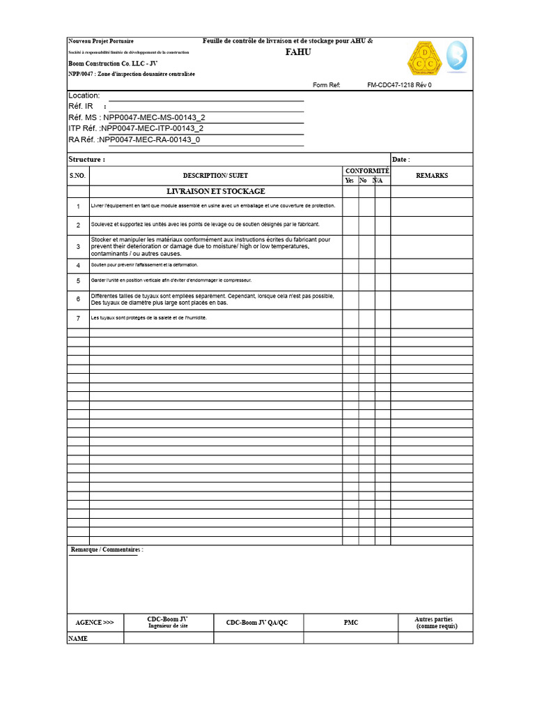 Contrôle de livraison et installation AHU FAHU | PDF | Tuyau