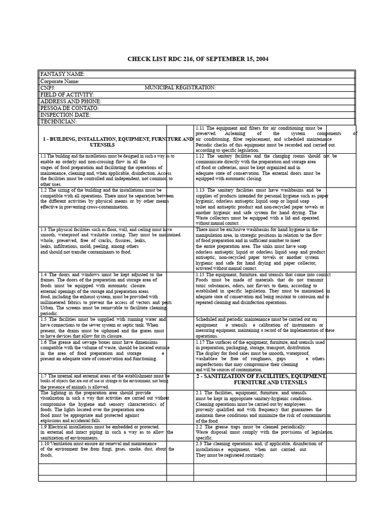 RDC 216 Compliance Checklist | PDF | Hygiene | Sanitation