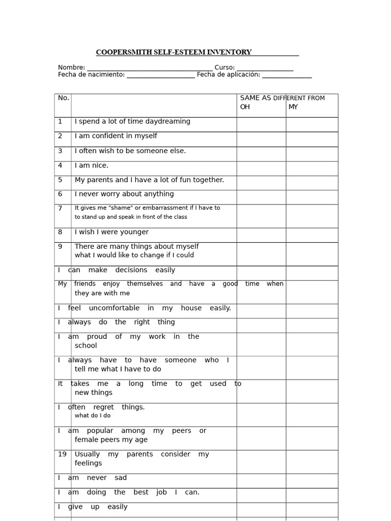 Coopersmith Self-Esteem Inventory | PDF | Self Esteem | Social Psychology