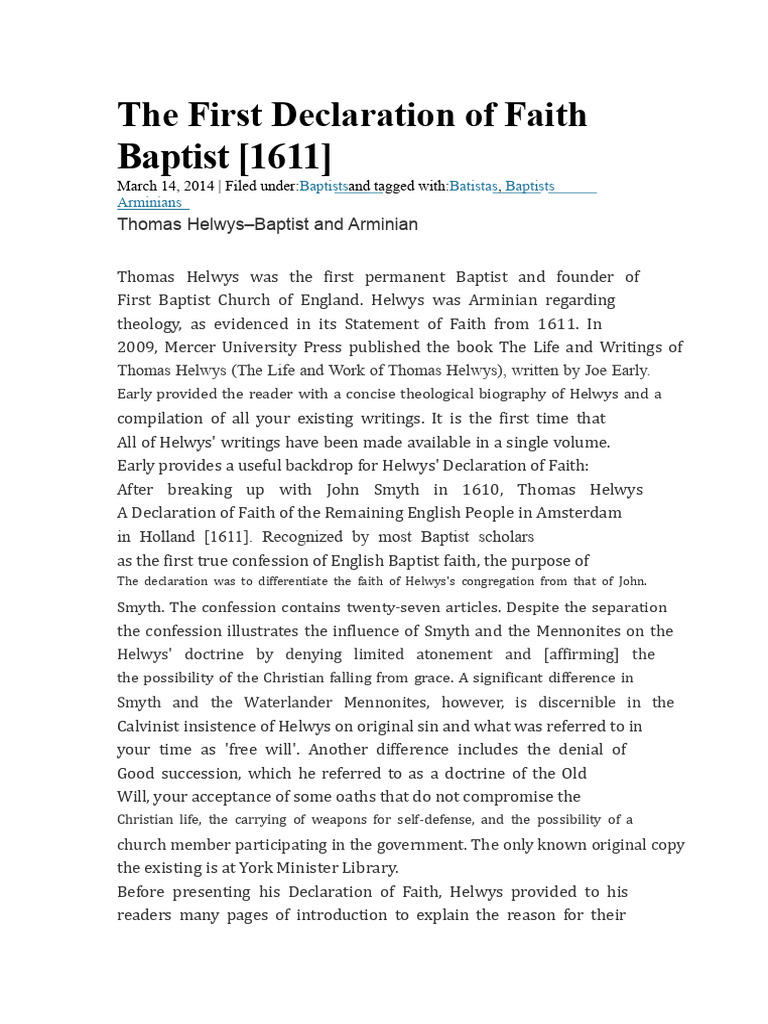 Helwys' 1611 Baptist Declaration of Faith | PDF | Baptists | Eucharist