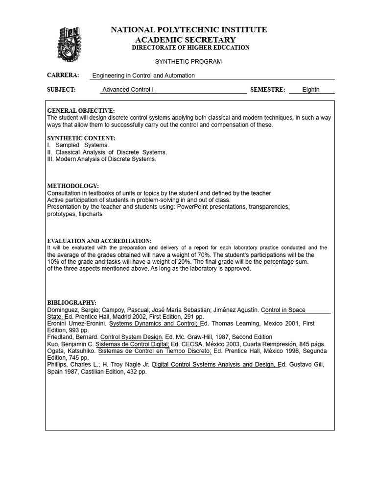 Advanced Control I Course Overview | PDF | Control Theory | System