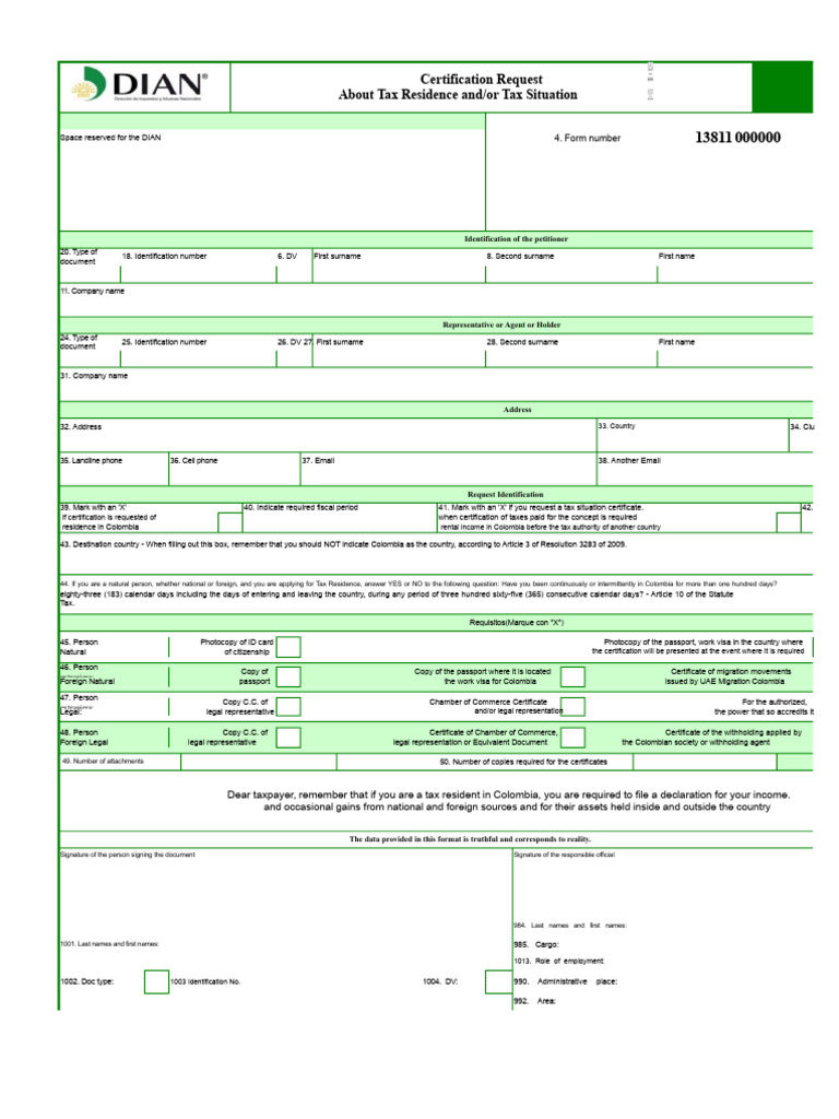 Tax Residence Certification Request Form | PDF | Identity Document | Taxes