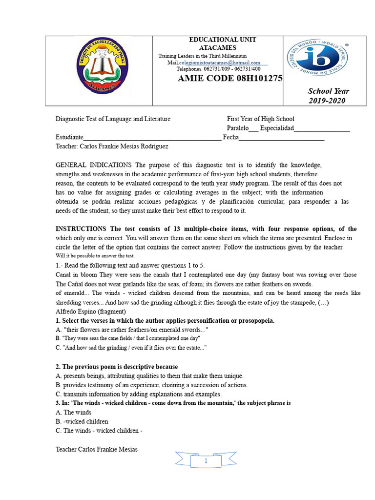 Diagnostic Language Test for High School | PDF | Multiple Choice