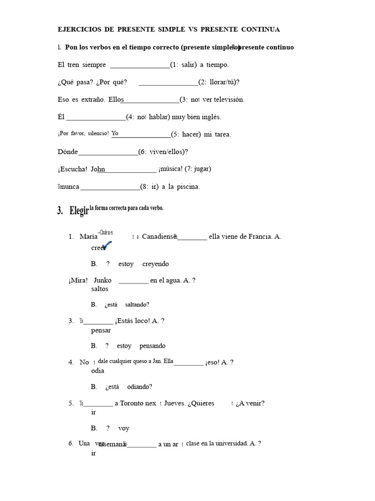 Ejercicios de Presente Simple y Continuo | PDF | Verbo