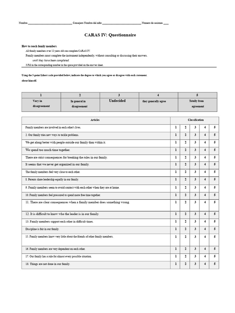 CARAS IV Family Assessment Questionnaire | PDF | Likert Scale | Cognition