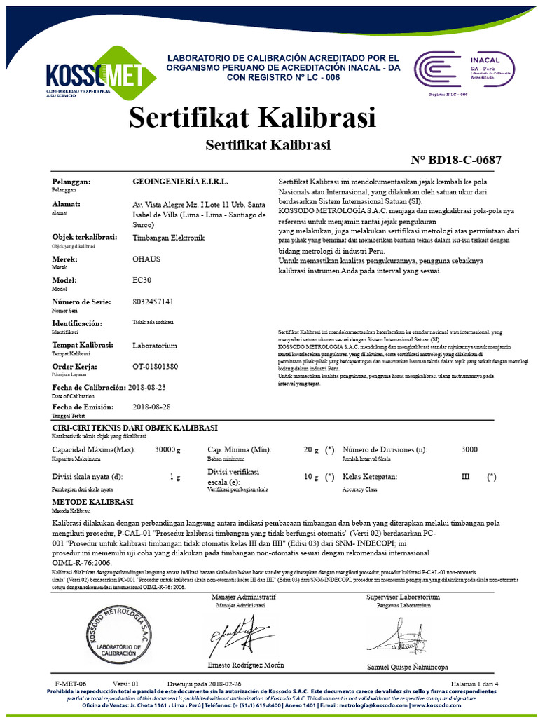 Sertifikat Kalibrasi Timbangan OHAUS | PDF