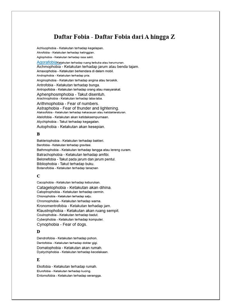 Daftar Fobia Lengkap A-Z | PDF