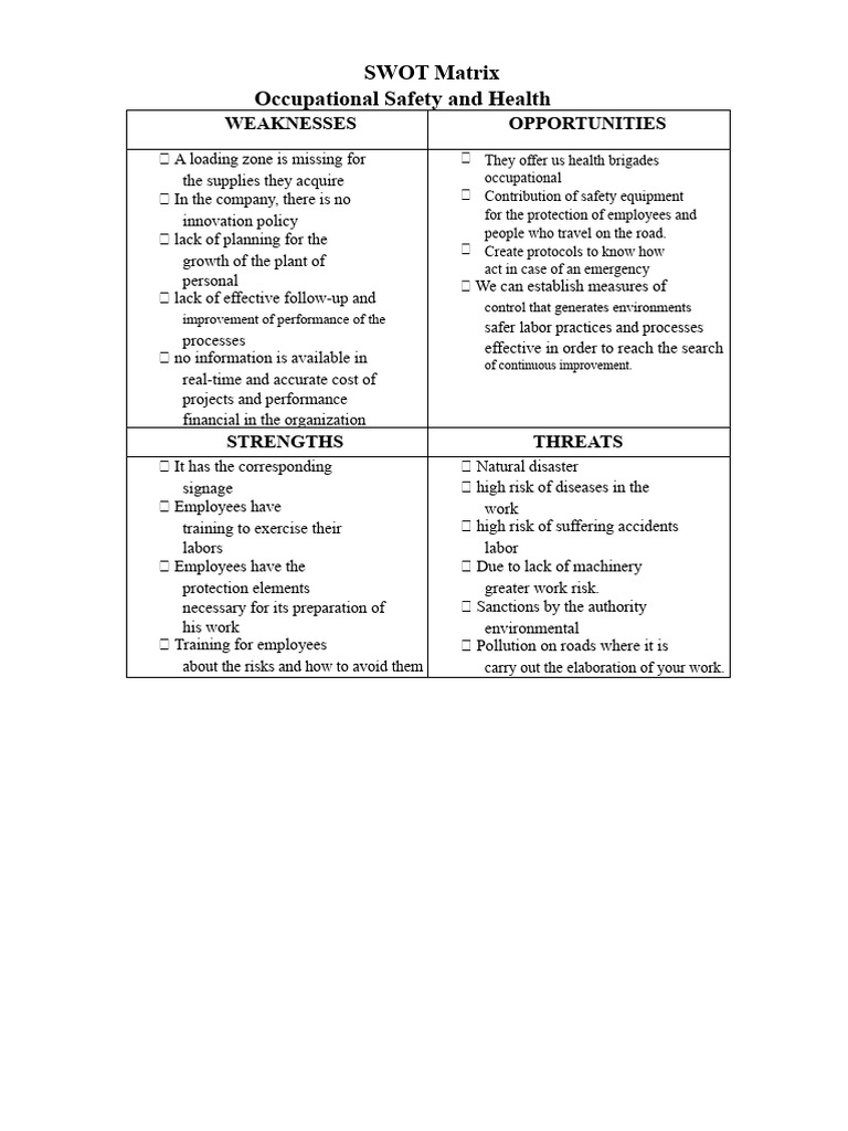 SWOT Analysis for Occupational Safety | PDF